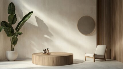 Modern beige room with wooden pedestal, plant, and chair.  Ideal for product presentation