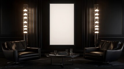 Dark Room Mockup Two Chairs, Blank Poster