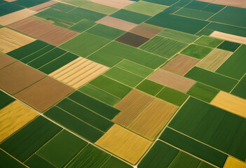 A high-altitude view of farmland arranged into intricate geometric shapes, with alternating patches of green, gold, and brown.