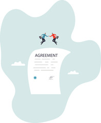 Business deal, agreement or collaboration document, contract or success negotiation, executive handshaking.character for design