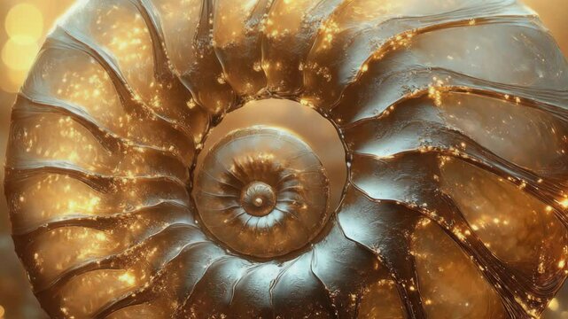 A detailed view of a spiral shell illuminated by golden light highlights its unique textures and intricate patterns.