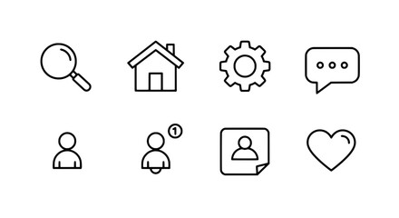 Minimalist UI Icons: A collection of sleek, modern, and minimalistic user interface icons, ideal for web design, mobile apps, and digital interfaces. These outline icons are clean and versatile.