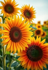Obraz premium Close-up of vibrant sunflower petals, pollen dusting a field of sunflowers, summer, rural