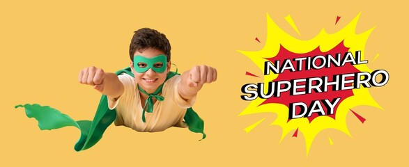 Banner for National Superhero Day with flying boy