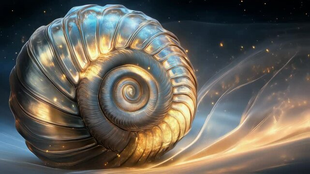 A stunning spiral shell sits center stage, radiating vibrant colors and intricate textures, while ethereal light swirls gracefully around it, creating a mesmerizing atmosphere.