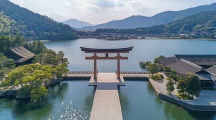 Naklejka premium Lake Shrine Torii Gate Aerial View, Mountain Background, Calm Waters, Japanese Architecture, Travel Poster