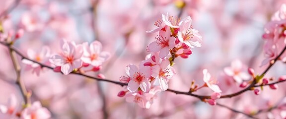 Obraz premium Delicate pink blossoms in full bloom against a soft spring background, floral background, background
