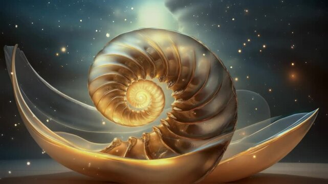 A captivating view of a golden nautilus shell spiraling elegantly through a starry celestial space. The intricate patterns and shimmering surfaces create a dreamy atmosphere that inspires awe.