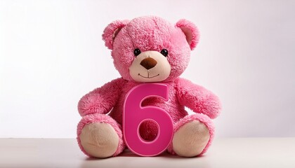 Fototapeta premium Cute pink teddy bear with number 6, kids sixth birthday party. Stuffed animal isolated on white background