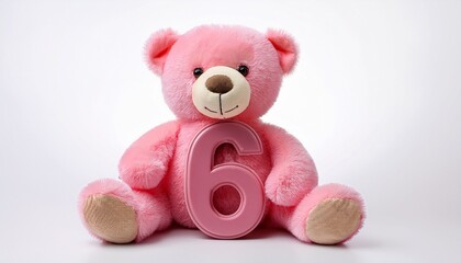 Cute pink teddy bear with number 6, kids sixth birthday party. Stuffed animal isolated on white background