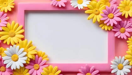 Obraz premium Surrounded by vibrant daisies in white, yellow, and pink, a blank frame sits against a cheerful backdrop, perfect for showcasing cherished moments and artistic expressions Generative AI