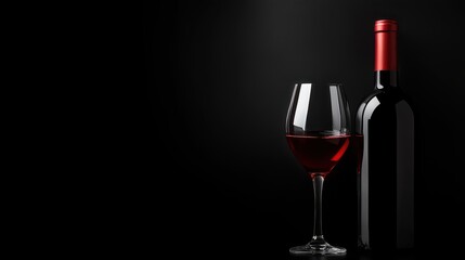 A dark red wine bottle and a delicate glass placed against a solid black backdrop, with soft, faint shadows adding contrast and elegance to the composition.