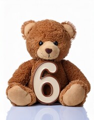 Obraz premium Cute brown teddy bear with number 6, kids sixth birthday party. Stuffed animal isolated on white background