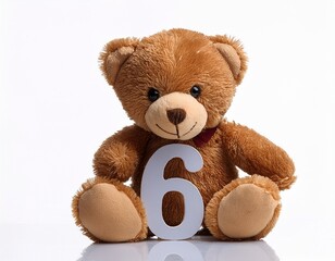 Obraz premium Cute brown teddy bear with number 6, kids sixth birthday party. Stuffed animal isolated on white background