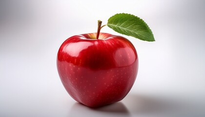 A glossy red apple with a single green leaf on its stem, isolated on a white background. The apple's surface reflects light, highlighting its fresh and juicy appearance, with soft shadows