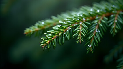 Evergreen Branch with Dewdrops Close-Up View