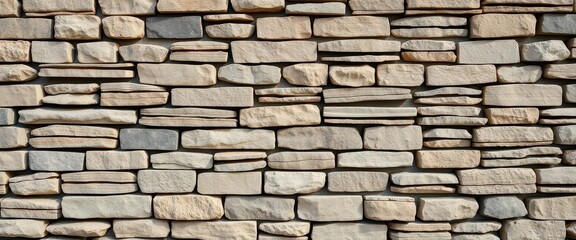 Obraz premium Horizontal backdrop of a rustic stacked stone wall, varying textures and tones, autumn, stone, natural