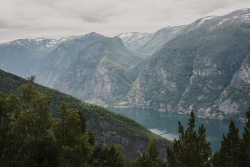 View from viewpoint Stegastein on Aurlandsfjord in Aurland along the National Scenic route Aurlandsfjellet between Aurland and Laerdal in Norway