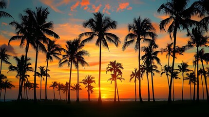 Obraz premium Dusk Outdoors Panorama, Silhouetted palm trees against a vibrant tropical sunset