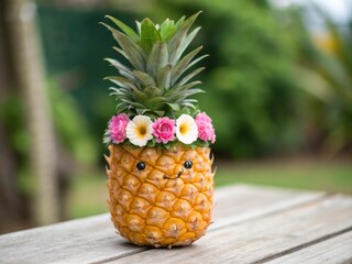 Playful pineapple with a tiny flower crown nature scene adorable food outdoor setting whimsical concept
