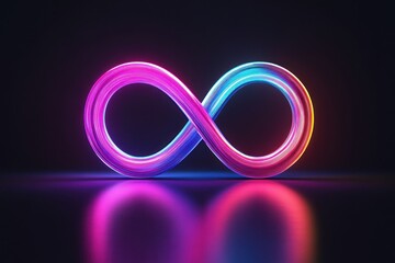 Vibrant Neon Infinity Symbol in Dark Background with Reflections and Glowing Colors