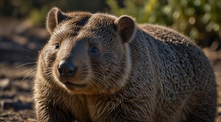 Obraz premium Close-up of a brown furry wombat in natural habitat