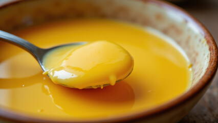 A spoon filled with yellow melted fat being poured from a bowl onto a surface.