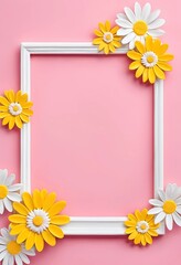 Obraz premium A charming white frame embellished with vibrant yellow and white daisies stands out against a playful pink background, creating a delightful atmosphere of joy and creativity Generative AI