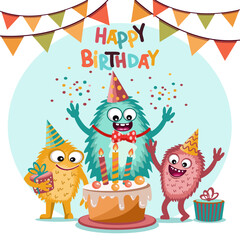 Fototapeta premium children's birthday card with cute funny monster characters with cake and balloons