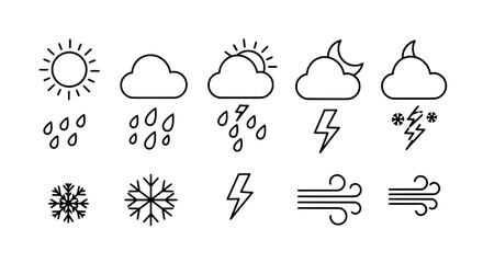 Weather Icons: A set of weather icons, featuring various weather conditions, in a simple and clean design. The icons include sunny, cloudy, rainy, storm, snowy, windy, and a crescent moon.