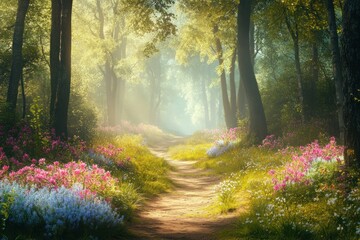 Obraz premium Serene Forest Pathway Surrounded by Colorful Wildflowers and Soft Sunlight Beams