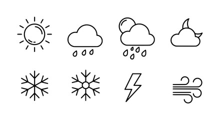 Weather Icon Set: A comprehensive set of weather icons in a minimalist, line-art style, perfect for conveying different weather conditions.
