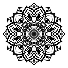 Continuous one line drawing of Intricate black and white mandala with symmetrical geometric and floral patterns