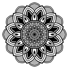 Continuous one line drawing of Intricate black and white mandala with symmetrical geometric and floral patterns