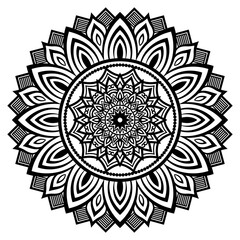Continuous one line drawing of Intricate black and white mandala with symmetrical geometric and floral patterns