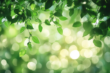 Green leaves background with sunlight filtering through, creating a vibrant and airy atmosphere.
