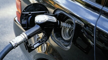 A gas pump nozzle inserted into a car's fuel tank