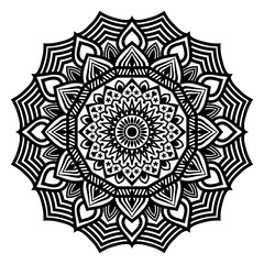 Continuous one line drawing of Intricate black and white mandala with symmetrical geometric and floral patterns
