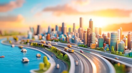 Fototapeta premium Urban Skyline at Sunset Showcasing Sustainable Architecture in City