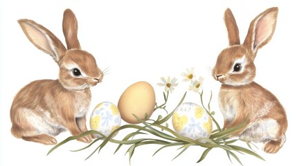 Obraz premium Adorable Bunny Rabbits with Colorful Easter Eggs in Spring Daisies, Isolated on White Background