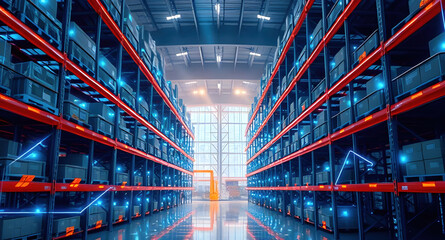 Futuristic warehouse, digital overlay, holographic circuit patterns, glowing blue lights