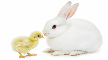 Adorable White Rabbit and Fluffy Yellow ฺฺฺBaby Chick Isolated on White Background