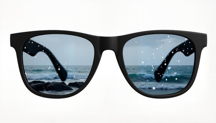 Black sunglasses reflecting ocean waves and splashes in a minimalistic style on a white background