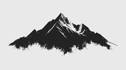 A stylized illustration of a mountain peak rendered in monochrome. The image utilizes a predominantly black and white color palette with varying shades of gray to suggest texture and depth. The