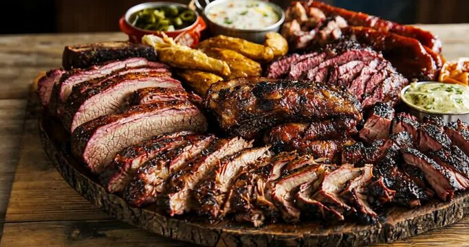 BBQ platter of sliced meats, sides, and sauces on wooden board.  Possible use Restaurant menu or food blog