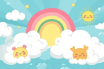 Colorful cartoon scene featuring a rainbow sun and happy clouds