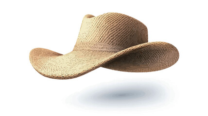 A digital illustration of a beige cowboy hat, seemingly made of woven straw, is presented against a pure white background. The hat is slightly angled, showcasing its brim and crown. A subtle shadow