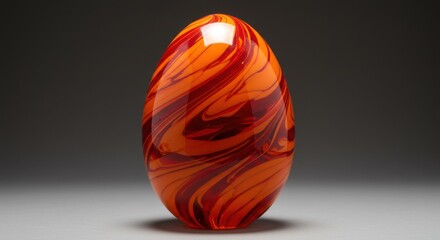 Vibrant orange and red marbled decorative egg on display 