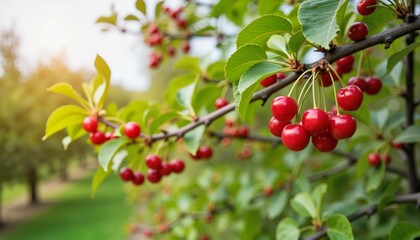 Cherry tree branch with ripe red cherries and green leaves in a sunlit orchard