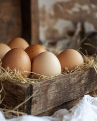 Life in the fields and countryside, agriculture, farming. Rustic Still Life of Brown Eggs in Wooden Box